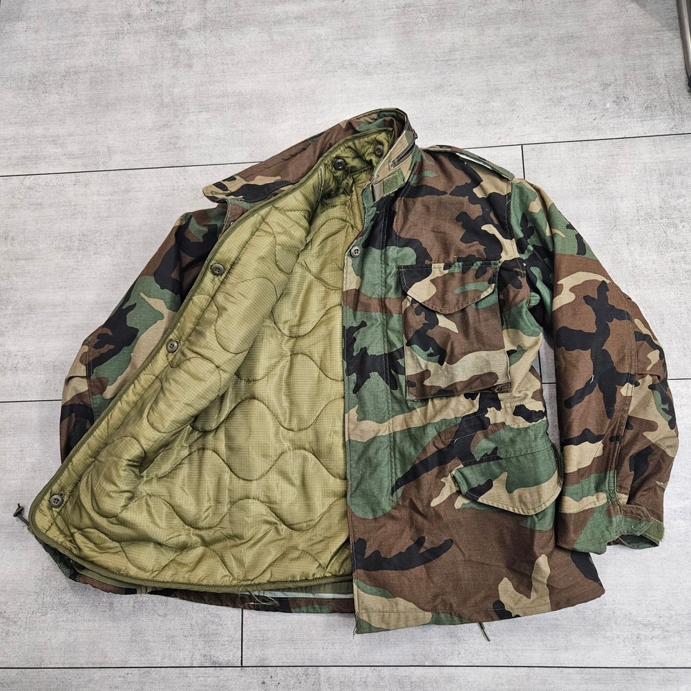 Vintage M-65 Field Jacket Woodland Camo Military Coat with‎ Liner Small Short